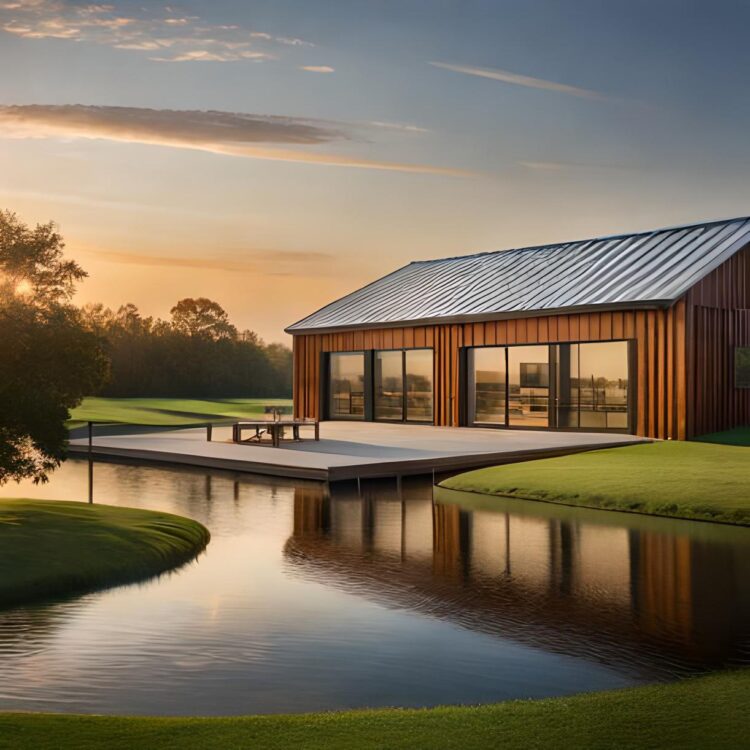 red barndominium with glass windows near the water