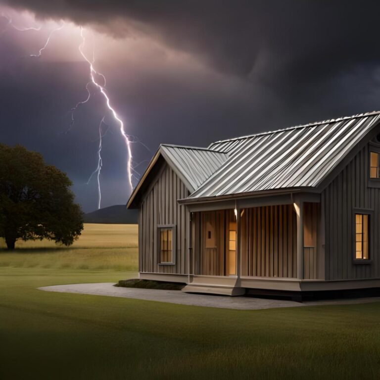 are barndominiums safe? A stormy night with a barndominium in the forefront and a huge lightening bolt in the distance