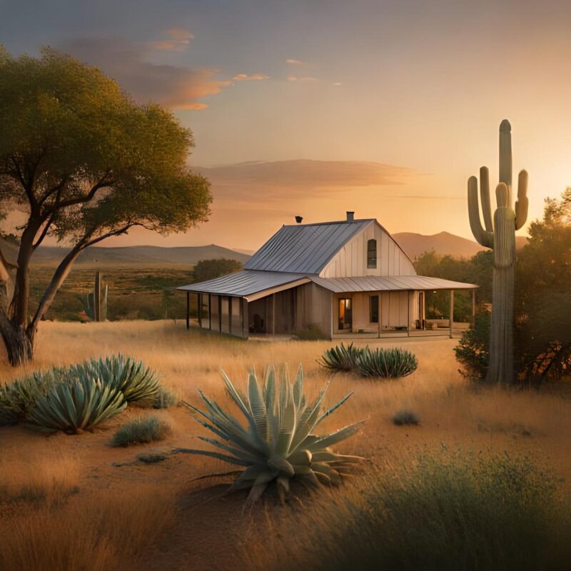 small barndominium sitting amoung cacti and trees