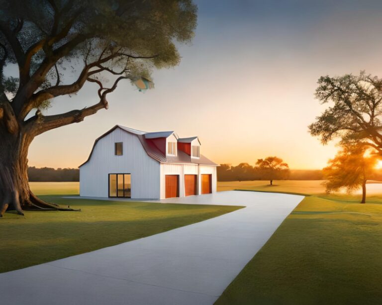 a white barndominium with a big oak tree in the sunset